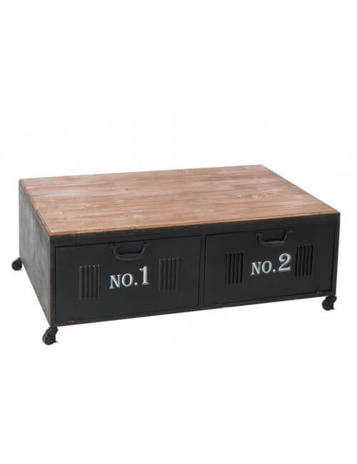 Table de salon esprit loft en métal noir et plateau bois avec 2 portes