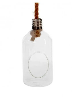 Suspension bougeoir en verre avec accroche culot d'ampoule et suspension en corde.