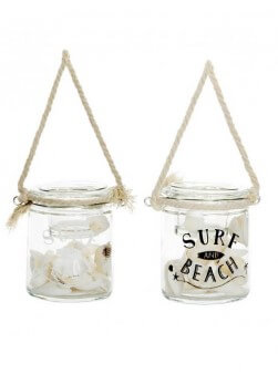 Photophore en verre à suspendre avec corde, inscription surf and beach.