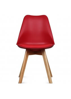 Chaise scandinave de couleur rouge, coque en résine, pieds en bois de hêtre