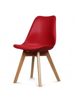 Chaise scandinave de couleur rouge, coque en résine, pieds en bois de hêtre