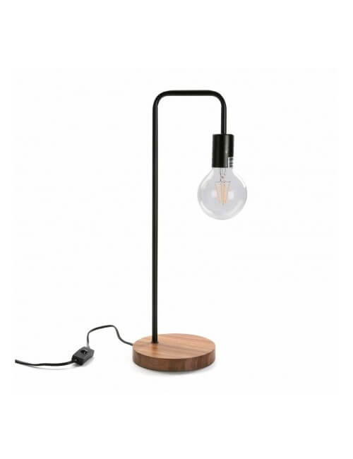 Lampe de table en métal noir avec socle en bois. Style scandinave ou modern design.