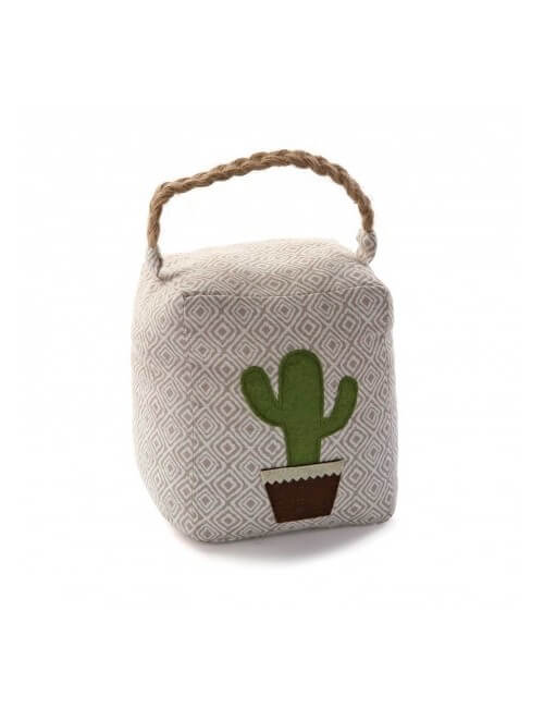 Bloque porte rectangulaire de 1.5 kg avec dessin cactus sur face avant et poignée en corde. Style exotique.