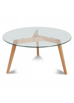 Table basse ronde, plateau en verre D.60 cm et pieds en bois