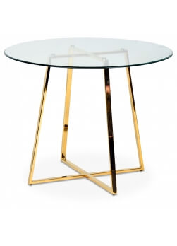 table ronde plateau verre pieds en métal doré