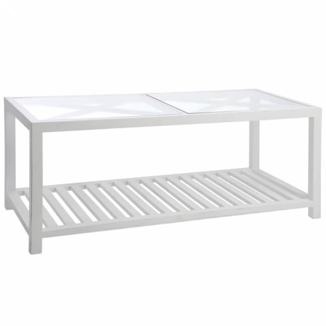 table basse rectangulaire en bois blanc et plateau en verre