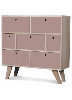 console en bois de style scandinave avec 7 tiroirs, couleur rose poudré