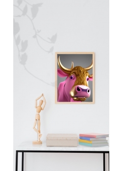 affiche vache rigolote rose et or