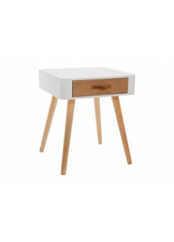 table de chevet en bois naturel et bois blanc avec 1 tiroir, style scandinave.